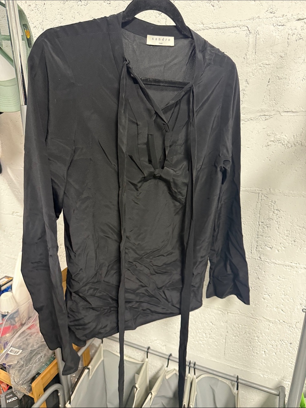 SANDRO Black Tie-Front Long Sleeve Blouse Size 3 - LIKE NEW Long Sleeve